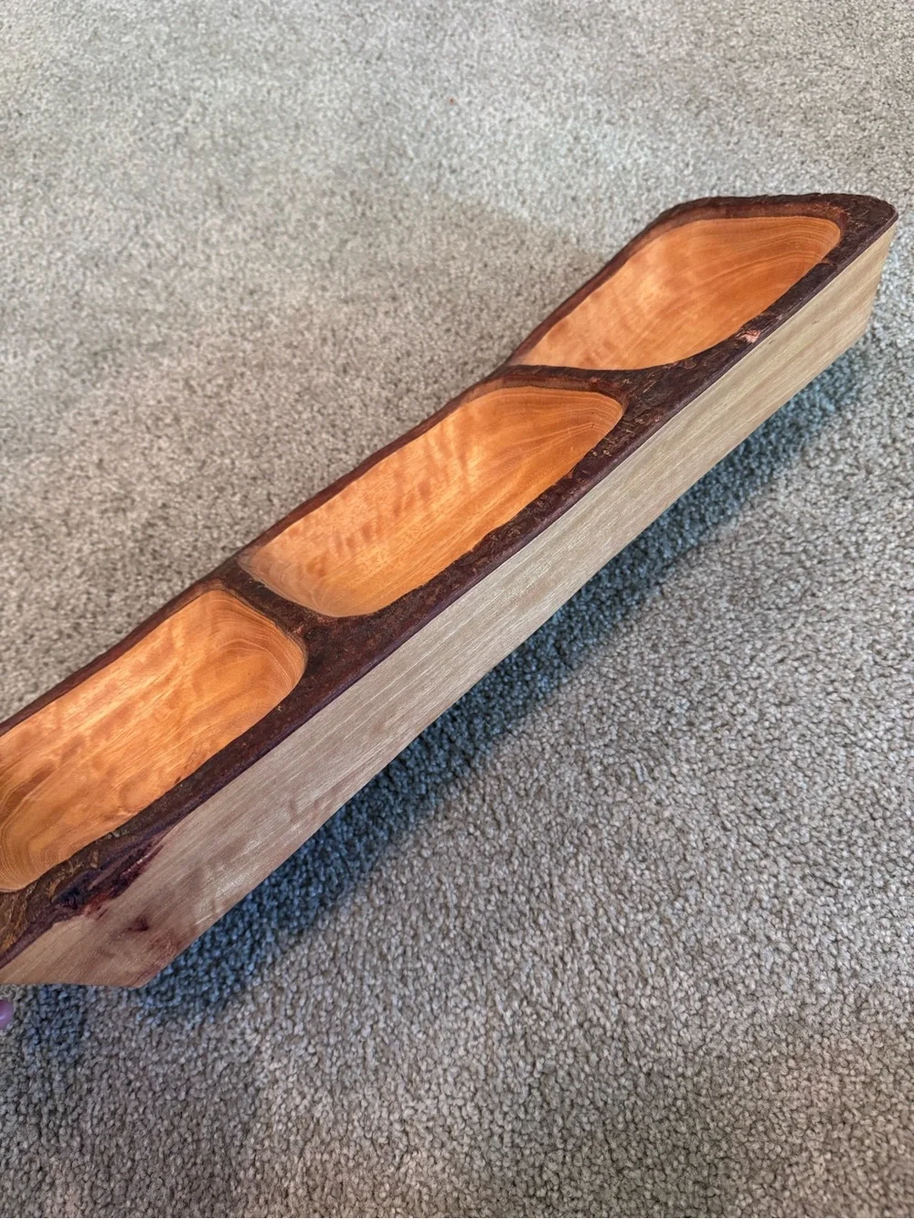 Hand-Carved Natural Wood Three Sectioned Serving Platter 18x6”
